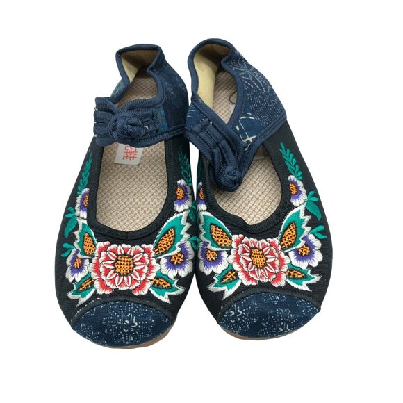 Womens Wedge Heels Canvas Floral Embroidered Ankle Strap Navy Blue 255 US 8.5 - Picture 2 of 5
